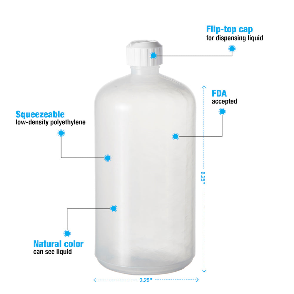 Boston Round Bottles with White Flip-Top Caps # 32 Oz. - 3 1/2"Dia x 9   Consolidated Plastics