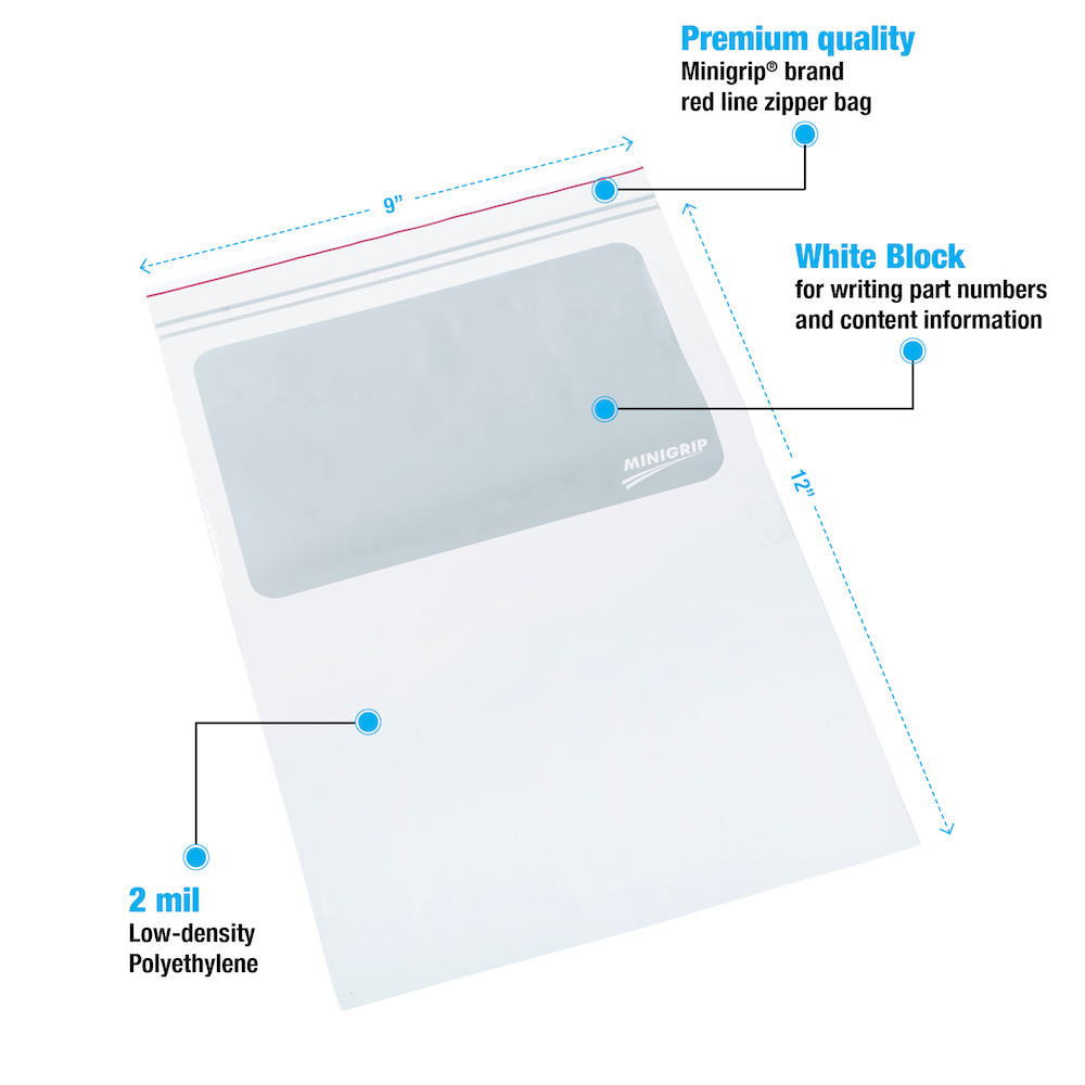 Minigrip® Reclosable White Block Bags 2 Mil # 9x12 - Case of 1000