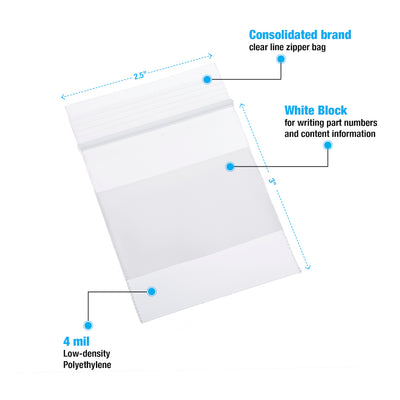 Consolidated's Reclosable White Block Bags 4 Mil # 2.5x3 * - Case of 1000